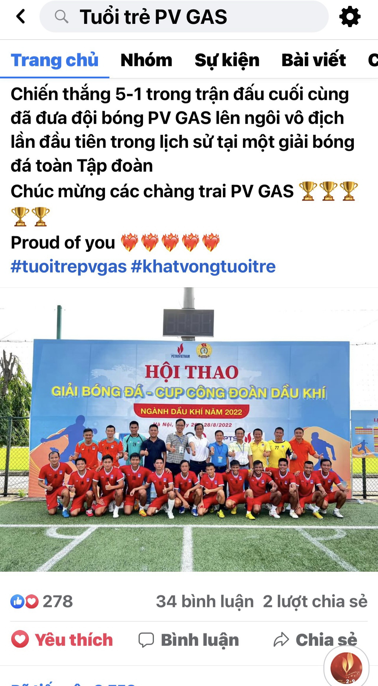 Fanpage Tuổi trẻ PV GAS tràn ngập các tin tức, lời chúc mừng Đội tuyển giành thắng lợi tuyệt đối